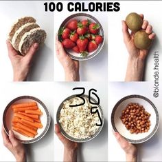 four pictures showing different foods and their calories