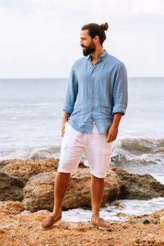 "A classic linen shirt for men features buttons in front and is made from lightweight linen to stay cool during summer. Wear sleeves down or roll them up for a more casual daytime look. Please note that due to the many variations in monitors and browsers, actual colors may vary. Matcha green / White - https://etsy.me/3tTAH85 Peach - https://etsy.me/3uLVOZj Pinstripe blue - https://etsy.me/3DthaOJ Sandy beige - https://etsy.me/3tSX65c - - - - - - - - - - - - - - - - - - - - - - - - - - - - - DETA Mens Linen Shorts, Linen Shirt Men, Mens Linen, Linen Clothing, Cargo Shorts Men, Cargo Style, Summer Outfits Men, Men Shirt Style, Outfits Men