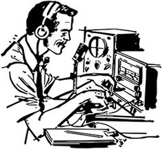 black and white drawing of a man working on an old fashioned radio stock photo 5479