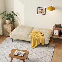 a living room with a couch, coffee table and potted plant in the corner