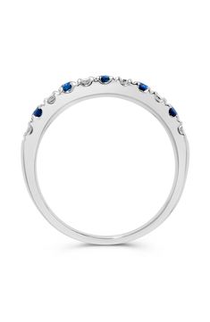 An easy-to-wear ring will add significant polish to even your most casual ensembles. Total diamond weight: 0.38ct. Color: G–H Clarity: SI1 14k-white gold/sapphire, emerald or ruby/diamond Made in the USA Diamond Guide Classic Sapphire Rings With Pave Setting, Classic Sapphire Ring With Pave Setting, White Gold Sapphire Ring With Pave Setting, Sapphire Diamond Ring With Prong Setting, Diamond Sapphire Ring With Channel Set For Anniversary, Sapphire Ring With Channel Set Diamonds For Anniversary, Channel Set Sapphire Ring With Diamond For Anniversary, Diamond Sapphire Ring With Pave Setting, Sapphire Ring With Diamond Pave Setting