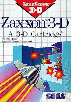 the front cover of a computer game called zaxon 3 - d, featuring a rocket