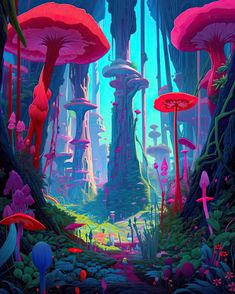 an image of a fantasy forest with lots of mushrooms