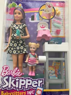 the barbie doll is standing next to her baby sister