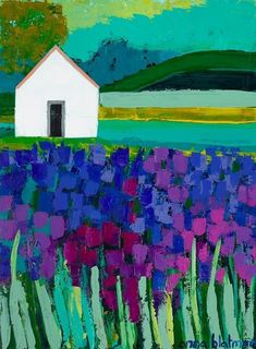 a painting of a house in the middle of a field with purple and green flowers