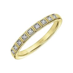 This Keepsake 1/10ct t.w. diamond stackable anniversary ring is set in 18k yellow gold over sterling silver. This ring features nine round diamonds (I-J, I3) placed along the band in square metal frames. This dainty diamond band can be stacked with other rings in your jewelry collection or worn alone to show your style. This diamond band makes a beautiful gift for an anniversary or any special occasion. Size: 5.  Gender: female.  Age Group: adult. Gold Diamond Ring With Channel Set, Gold Stackable Princess Cut Diamond Rings, Gold Stackable Rings With Princess Cut Diamonds, Gold Diamond Ring With Princess Cut And Half Eternity, Luxury Gold Stackable Rings Channel Set, Luxury Gold Stackable Rings With Channel Set, Classic Stackable Rings With Single Cut Diamonds For Anniversary, Gold Luxury Stackable Rings With Channel Set, Yellow Gold Channel Set Diamond Ring