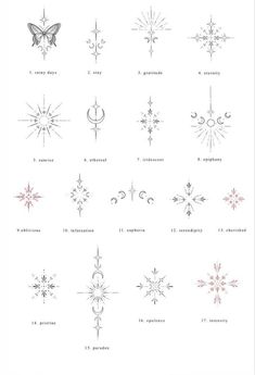 the different types of snowflakes are shown in black and white