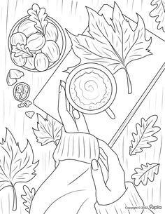 Fall Cappuccino and Leaves Coloring Page Leaves Coloring, Fall Leaves Coloring Pages, Princess Coloring Pages, Fall Coloring Pages, Princess Coloring, Bullet Journal Stickers, Bullet Journal Doodles, Coloring Book Art, Cute Coloring Pages