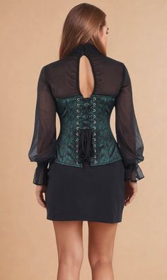 Experience the luxurious feel of satin with our Natalie Green Overbust Corset. This stunning corset is designed with a beautiful satin print, elevating any outfit with a touch of sophistication. Its overbust design provides excellent support and shaping, making you feel confident and comfortable all day. Upgrade your style with our Natalie Green Overbust Corset. Best for Height : 5'.3" and Above Bone Casing : All bones are placed under cotton bone casing Boning : 10 Spiral Steel Bones & 4 Flat Steel Bones Dimensions : Center Front - 15" / Back - 13" / Side - 12" Fabrics : Shell Fabric - Satin with Chiffon/ Lining-100% Cotton Lacing : 6.5-7 Mtr long back lacing Modesty Panel : 6 inches wide Opening : Metal busk front opening Pattern Name : Wanda Suspender Loops : 6 loops Please Note : The c Black Satin Corset For Formal Occasions, Elegant Corset With Boning For Costume Party, Elegant Green Corset Dress With Boned Bodice, Green Corset With Boned And Fitted Bodice, Green Corset With Boned Bodice, Stretch Overbust Corset For Evening, Green Overbust Corset For Costume Party, Elegant Stretch Underbust Corset Dress, Elegant Fitted Corset For Halloween