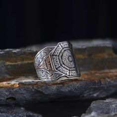 Elegant Religion Ring Surah Design 925K Silver Ring  This Ring is shipping with in a high quality LED RING BOX and with a gift. This incredible silver men ring is engraved from 100% handmade. This shiny Arabic Religion ring, has a modern and vintage vibe for daily using. You can use it for daily or special days.The engraving details of pure 925 Sterling Silver Handmade Ring are very detailed and eye-catching. You can prefer this vintage style silver ring like gift for your friends or family. It's a perfect gift for birthday, valentine's day, International Women's Day, anniversary, statement(cocktail) or christmas. Our model is silver and handcrafted. !! On the upper part; -Insirah  -Ayatul Kursi prayers,  -And a personal name will embroider on the sides. Item Details: * Gender : Man/Woman Luxury Halloween, Prayer Ring, Silver Men Ring, Ring Luxury, Man Ring, Ayatul Kursi, Jewelry Mens, Bronze Ring, Turkish Jewelry