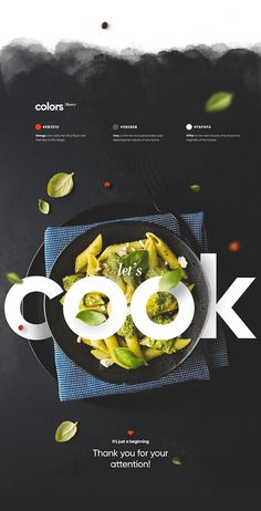 a poster with the words cook on it and an image of broccoli in a frying pan