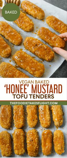 vegan baked honey mustard tofu tenders on a baking sheet with text overlay