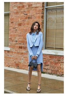 Skirt Suit + Jacket Short Mini Skirt Fashion Two - Piece Sets light blue suit - Hemi Blazer And Denim Skirt, Light Blue Blazer, Light Blue Suit, Mini Skirt Fashion, Short Mini Skirt, Body Skirt, Button Pants, Half Body, Button Skirt