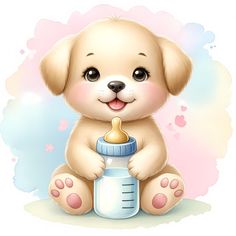 a cute little puppy holding a baby bottle