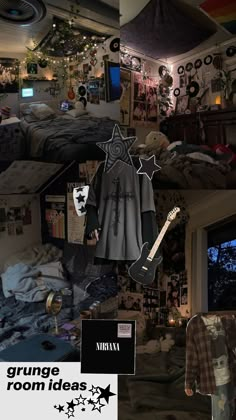 a collage of photos with clothes and pictures on the wall, including a guitar