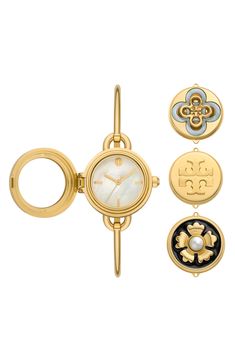 Tory Burch The Mille Bangle Watch Set, 27mm | Nordstrom Tory Burch Watch, Mini Bracelet, Watch Set, Latest Watches, Bangle Watches, Stainless Steel Accessories, Stainless Steel Bangles, Tory Burch Miller, Jewelry Lookbook