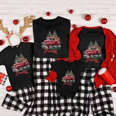 Celebrate the holiday season in style with our Matching Family Christmas Shirts. These Custom Family Shirts make the perfect choice for your family photoshoot, and they're a thoughtful Personalized Christmas Gift that will bring festive joy to your loved ones. Get ready to spread the holiday cheer with these Christmas Gifts everyone will adore️🎅 PLEASE NOTE: Colors may seem different on the computer screen, or in the lighting in which the picture was taken. The way that we print our shirts is D Family Matching Christmas T-shirt, Family Matching Long Sleeve Christmas T-shirt, Winter Festive Family Matching T-shirts, Black Family Matching T-shirt For Holiday, Red Christmas Top For Family Occasions, Family Matching Black T-shirt For Holiday, Family Matching Holiday Tops With Graphic Print, Holiday Cotton Tops For Family Occasions, Family Matching Christmas Cotton T-shirt