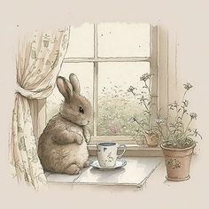 a drawing of a bunny sitting at a window sill with a cup and saucer