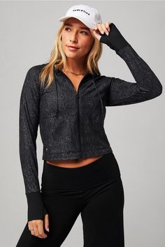 Oasis Cropped Hoodie Fabletics black/black female Activewear >> Womens >> Jackets & Outerwear >> Jackets regular Yoga and Studio 4-Way Stretch/UPF Protection Black Athleisure Activewear With Adjustable Hood, Black Activewear With Adjustable Hood For Workout, Black Long Sleeve Activewear With Adjustable Hood, Black Activewear With Adjustable Hood For Fall, Black Activewear With Drawstring Hood For Fall, Black Long Sleeve Activewear With Drawstring Hood, Winter Gym Tops With Adjustable Hood, Black Athleisure Top With Adjustable Hood, Black Athleisure Hooded Jacket For Workout