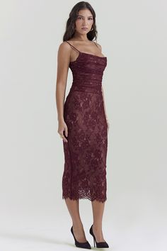 Details It's easy to fall in love with Gaia Claret Lace Midi Dress as the delicate lace and beautiful rich colouring make it feel extra special. Made from an exquisite, delicate, scalloped lace in deep Claret, 'Gaia' is underpinned with our figure cinching cafe power mesh in a neutral cafe-au-lait tone. Gaia features a corseted bodice that's gorgeously gathered with lace up detailing to the back. Size Chart 🌸 BUST WAIST HIP LENGTH S 74-84 60-70 84-94 117cm M 78-88 64-74 88-98 119cm L 82-92 68-7 Formal Midi Lace Dress With Scalloped Lace, Delicate Lace Midi Dress For Formal Occasions, Elegant Lace Midi Dress With Scalloped Lace, Formal Fitted Midi Dress With Delicate Lace, Fitted Midi Dress With Lace Trim For Wedding Guest, Evening Lace Midi Dress With Scalloped Details, Lace Midi Dress With Lace Bodice For Date Night, Formal Midi Dress With Lace Trim, Evening Lace Midi Dress With Lace Work