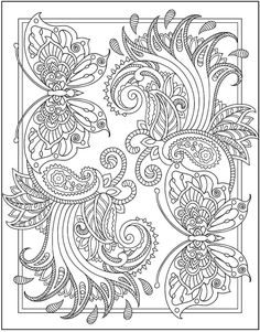 an intricate coloring page for adults with flowers and paisleys in black ink on white paper