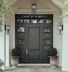 a black front door with two planters on either side and one light hanging from the ceiling