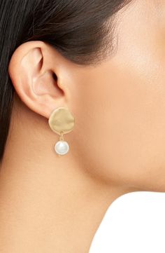 Karine Sultan Hammered Disc Imitation Pearl Clip-On Drop Earrings | Nordstrom Pewter Metal, 24kt Gold, Glass Heart, Huggie Hoop Earrings, Silver Drop Earrings, Gold Drop Earrings, Keep Jewelry, Pearl Size, Pearl Drop