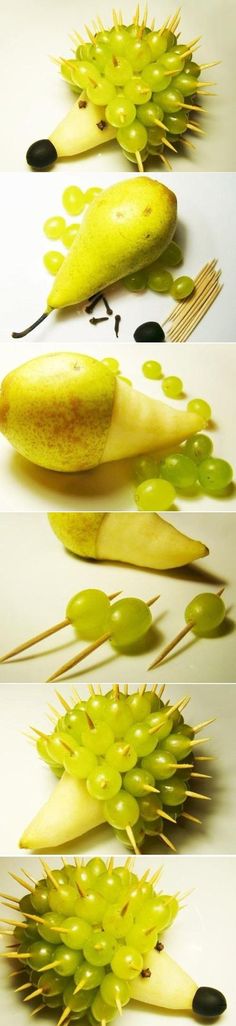 three pictures of different types of fruits and vegetables with leaves attached to the stems, on white background