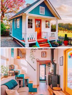 two pictures side by side one has a blue house and the other has a red door