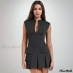 Olivia Mark - Elegant V Neck Sleeveless Flap Trim Pleated Hem Corset Mini Party Dress Amara Dress, Embellished Collar, Preppy Dresses, Mini Party, Corset Mini Dress, Jeans Cargo, Mini Robes, Maxi Robes, Polyester Dress