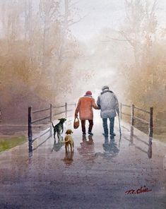 two people walking their dogs in the rain