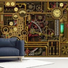 a living room with a couch and large clock wallpaper