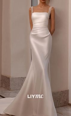 Sleeveless Evening Dress With Sweep Train For Wedding, Elegant Strapless Satin Wedding Dress, Elegant Sleeveless Satin Wedding Dress, Elegant Sleeveless Wedding Dress With Sweep Train, Elegant Bridesmaid Dress With Detachable Train, Satin Full Length Evening Dress For Wedding, Elegant Bridesmaid Evening Dress With Detachable Train, Full Length Satin Evening Dress For Wedding, Full-length Satin Evening Dress For Wedding