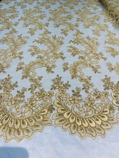 Gold Lace - Floral Lace Fabric, Embroidery With Sequins on a Mesh Lace Fabric By The Yard For Gown, Wedding-Bridal (Choose The Quantity) Gold Embroidered Lace Fabric For Wedding, Wedding Lace Fabric With Gold Embroidery, Gold Wedding Dress With Intricate Embroidery For Reception, Gold Embroidered Wedding Dress For Reception, Gold Embellished Embroidered Fabric For Ceremony, Fitted Gold Embroidered Fabric For Ceremony, Festive Gold Wedding Dress With Resham Embroidery, Gold Wedding Dress With Resham Embroidery For Reception, Gold Wedding Dress With Intricate Embroidery For Ceremony