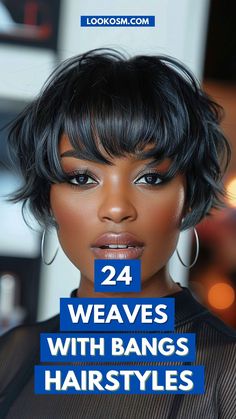 24 Weave Designs with Bangs to Inspire Short Lace Front Wigs With Bangs, Natural Looking Weave Black Women, Haircut With Bangs And Layers Short, Part In Middle Hairstyles Black Women, Medium Hair Styles Black Women, Trending Hair Styles For Black Women, Short Hairstyles With Bangs Black Women, Human Hair Wig With Bangs, Black Women Hairstyles With Bangs