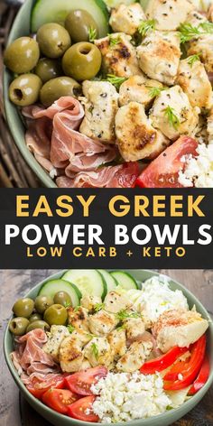 easy greek power bowls with olives, cucumbers and feta cheese