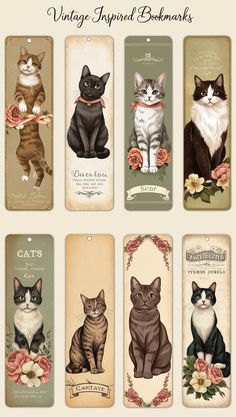 vintage inspired bookmarks with cats sitting on top of each other and flowers around the edges