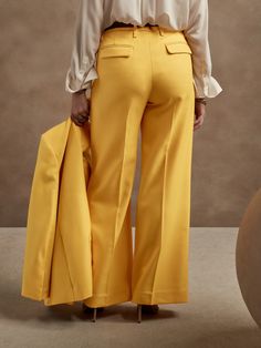 From boardroom to cocktail bar, this wide-leg trouser will have you feeling confident with an exquisitely tailored fit and a not-too-wide leg.  Crafted from a timeless all-season wool fabric from Italian mill Marzotto.  WIDE LEG FIT: High-waisted.  F Curated Closet, Pants Suit, Wool Pants, Wool Fabric, Bananas, Everyday Style, Extra Long, Go Out, New Product