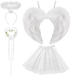 an angel outfit with white wings and headbands on display in front of a white background