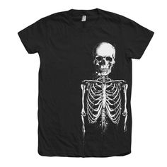 Skeleton Halloween Shirt, Womens Junior Shirt, Skeleton Tshirt, Skeleton Shirt, Spooky Skeleton Tshirt, Halloween Tshirt, Black Tshirt  Hand pressed in California by Couth. Fine Jersey Short Sleeve T Fine Jersey (100% Cotton) construction (Heather Grey contains 10% Polyester) THEY HAVE A JUNIOR FIT. A WOMEN'S XL IS ABOUT AN UNISEX SMALL How to order: Please Select your T-shirt's size and color at checkout from the drop down menu on the right and be sure to use size chart and color availability. Available sizes: S, M, L, XL New to Etsy? or still not sure how to order? https://www.etsy.com/help/article/339 We use water base ink and discharge base ink that gives the shirt a very soft feel. We hand screen print each shirt to ensure quality Please let us know if you have a preferred color. We c Edgy Halloween T-shirt With Screen Print, Spooky Skull Print T-shirt For Streetwear, Spooky Black T-shirt With Skull Print, Halloween Short Sleeve Top, Halloween Crew Neck Top For Alternative Fashion, Halloween Short Sleeve Top For Alternative Fashion, Gothic Skull Print T-shirt For Halloween, Gothic Skull Print Tops For Halloween, Fitted Grunge Skull Print T-shirt