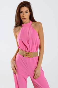 Subcategory: Jumpsuit. Neck: High collar neckline. Sleeves: Sleeveless style. Leg: Wide leg. Style: Party. Fabric: Lightweight woven fabric . Zipper: Zip-back fastening. Waist: Belt not included. runs true to size. S. 100% Polyester Summer Stretch Jumpsuits And Rompers For Party, Chic One-piece Halter Top For Summer, Chic Fitted One-piece Halter Top, Summer High Neck Halter Top For Beach, High Neck Jumpsuits And Rompers For Summer, Chic Halter Neck Jumpsuits And Rompers, Chic Strapless Backless Summer Jumpsuit, Chic High Neck Halter Top For Party, Trendy High Neck Halter Top For Summer