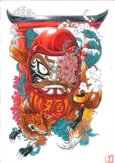 a drawing of a japanese mask with flowers on it's head and an animal in the background