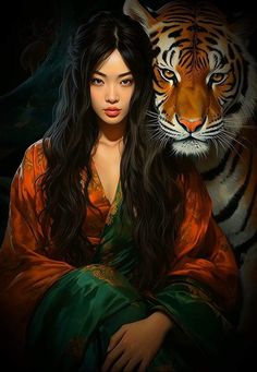 a painting of a woman with a tiger on her shoulder and the image of a tiger behind her