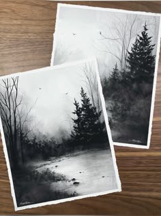 two black and white pictures of trees on a wooden table next to each other with birds flying over them