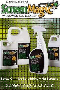 three bottles of green magic window screen cleaner and one bottle of insect repellent