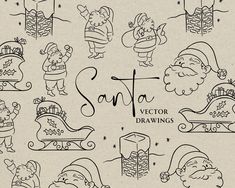 santa's hand drawn christmas doodles are shown in black and white, with the words santa written on them