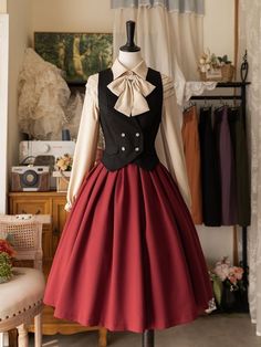 Suit Vest Dress For Women, Dress And Waistcoat, Cute Cottagecore Outfits Casual, Masculine Dress For Women, 40s Aesthetic Fashion, Waistcoat And Skirt, Black Red Outfit, Victorian Waistcoat, Waistcoat Woman