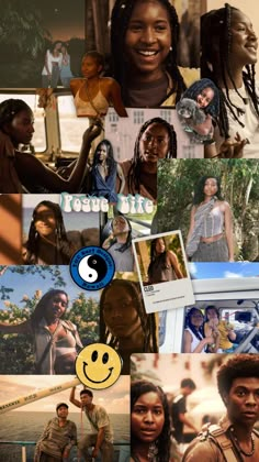 the collage shows many different people and their faces, including one woman with dreadlocks