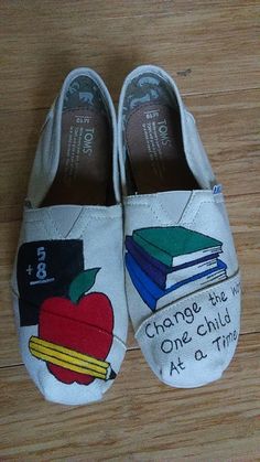 Teacher shoes Toms Shoes Outfits, Teacher Outfits Elementary, Summer Teacher Outfits, Girl Mom Shirt, Painted Canvas Shoes, Teacher Clothes, Hand Painted Shoes