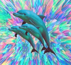 three dolphins are swimming in the water with colorful swirls behind them and an abstract background